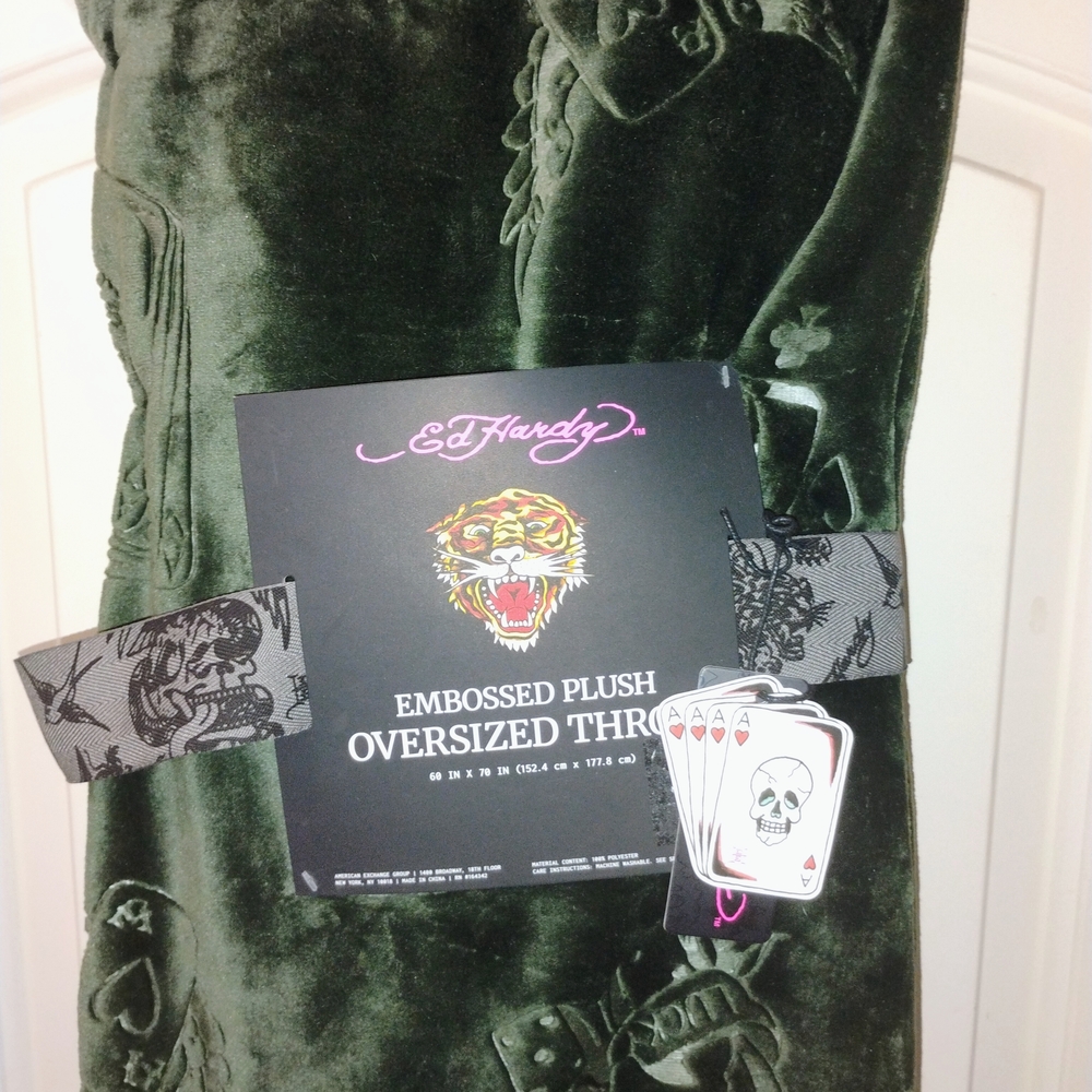 Ed Hardy Dark Green Embossed Plush Oversized Throw